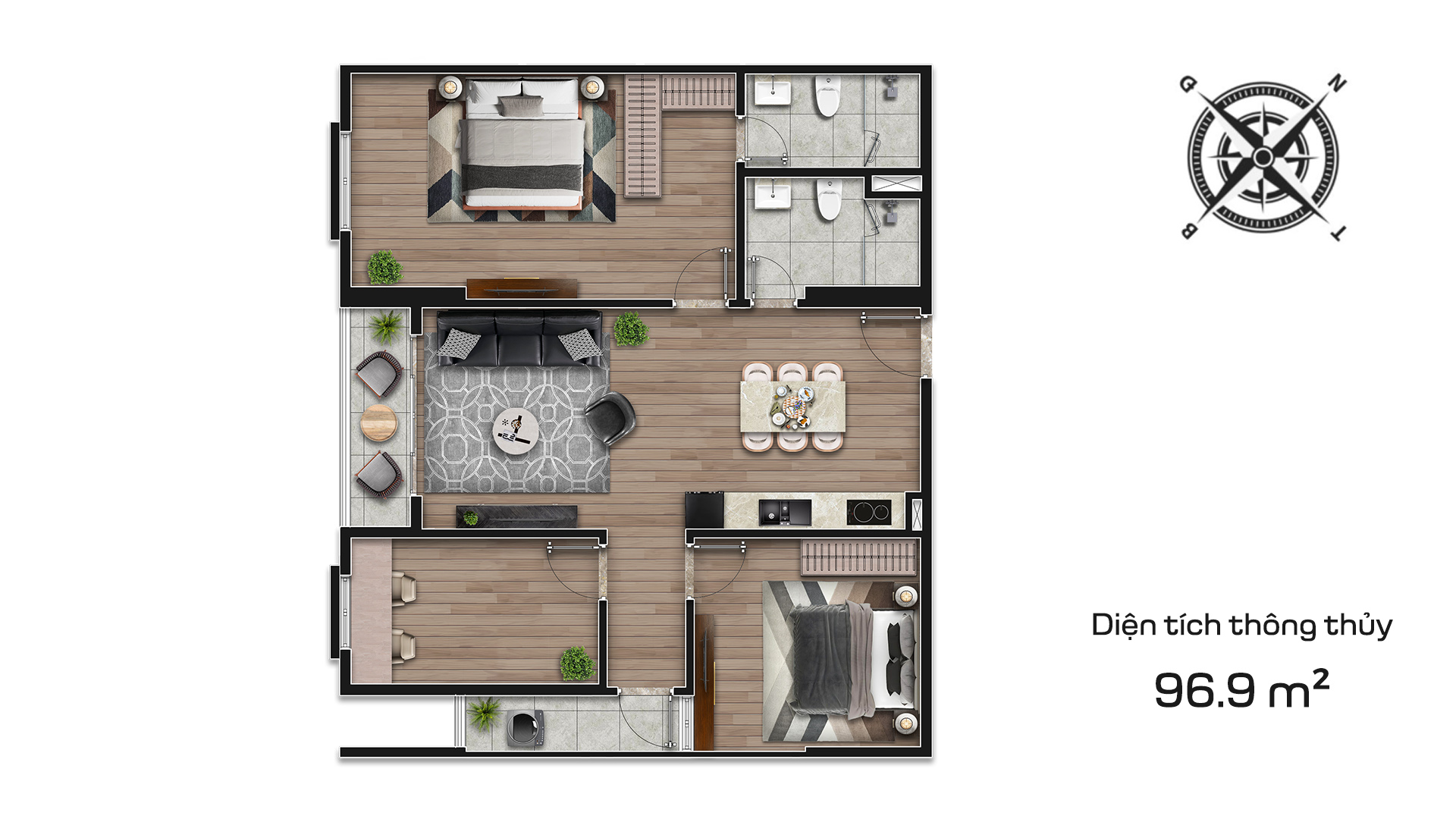 Mẫu căn hộ 2 phòng ngủ + 1 phòng làm việc