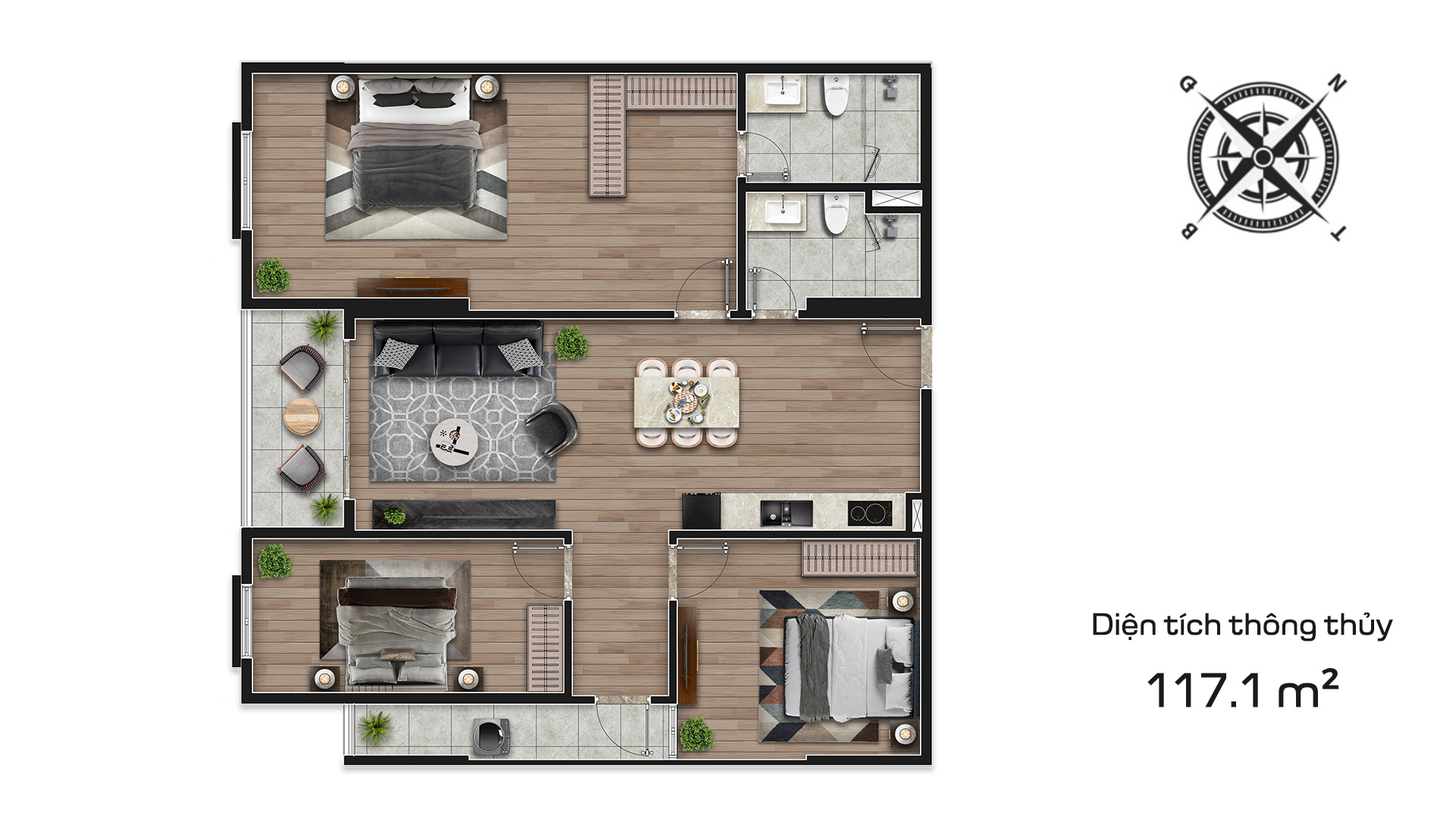 Mẫu căn hộ 3 phòng ngủ tại Hausman Premium Residences.