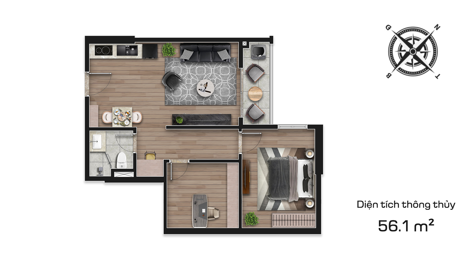 Mẫu căn hộ 1 phòng ngủ và 1 phòng làm việc tại Hausman Premium Residences.